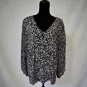 Calvin Klein Womens 3X Navy Blue Floral VNeck Long Semi Sheer Sleeve Blouse Top